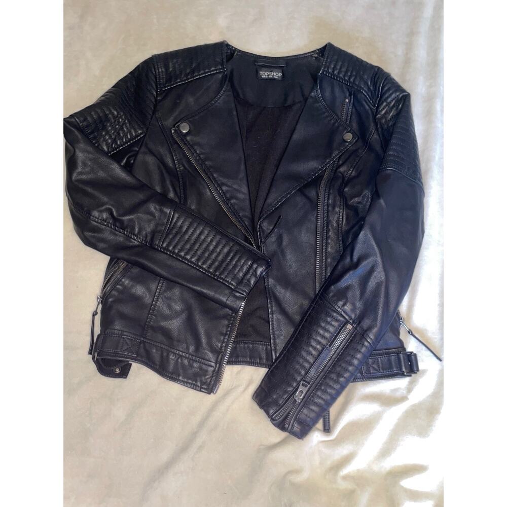 Topshop Women’s Black Faux Leather Biker Jacket US Size 2 XS EUC